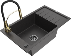 Mexen Elias 1 kamerinis granito plautuvės rinkinys su nuvarvėjimo lentynėle ir virtuvės maišytuvu Aster, juodas dėmėtas