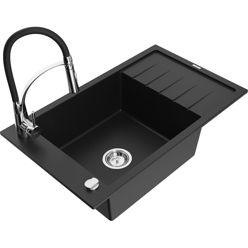 Mexen Elias 1-dubeninė granitinė kriauklė su nusausintuvu ir virtuvės maišytuvu Aster, juodas - 6511-77-73450-07