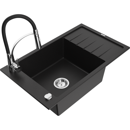 Mexen Elias 1-dubeninė granitinė kriauklė su nusausintuvu ir virtuvės maišytuvu Aster, juodas - 6511-77-73450-07