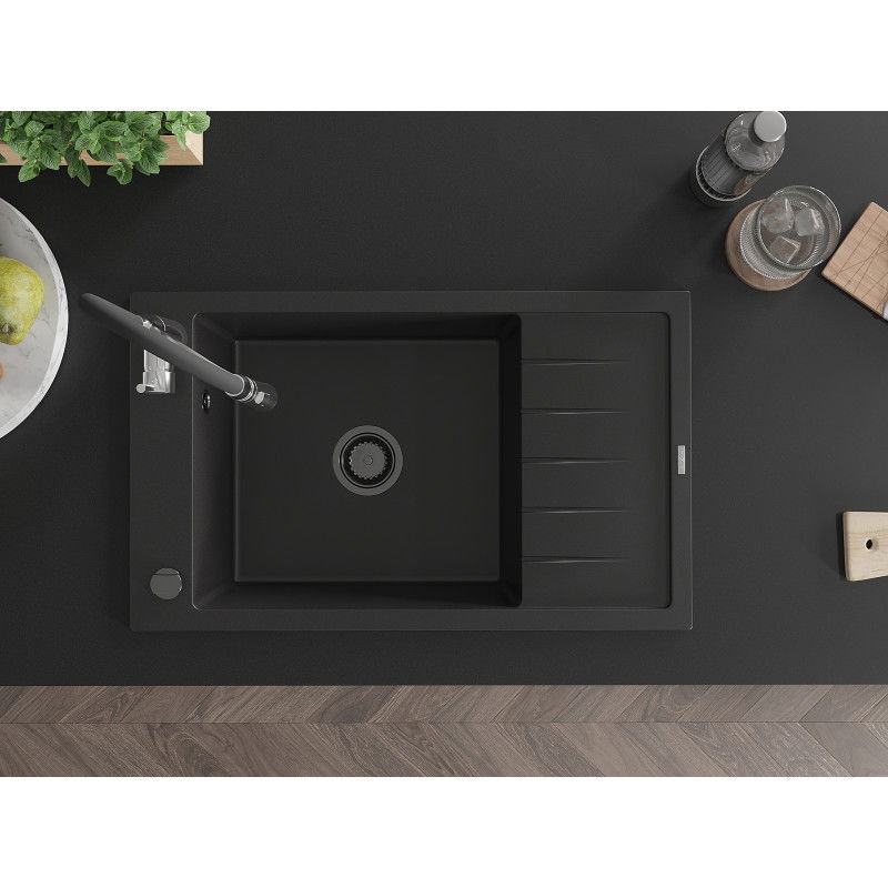 Mexen Elias granitinė vienos kameros plautuvė su nuvarvėtu ir virtuviniu maišytuvu Aster, juoda - 6511-77-73450-07-B