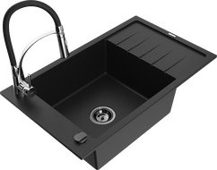 Mexen Elias granitinė vienos kameros plautuvė su nuvarvėtu ir virtuviniu maišytuvu Aster, juoda - 6511-77-73450-07-B