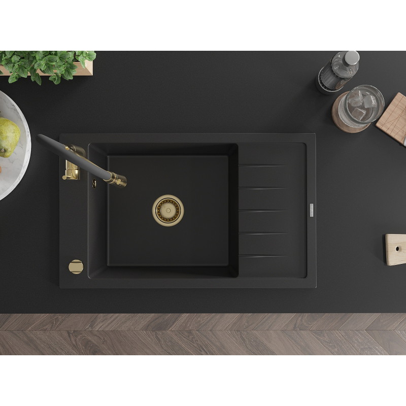 Mexen Elias granitinė vienos kameros kriauklė su nusausintuvu ir virtuvės maišytuvu Aster, juoda - 6511-77-73450-57-G