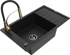 Mexen Elias granitinė 1 kameros plautuvė su nuvarvėjimo zona ir virtuviniu maišytuvu Aster, juoda - 6511-77-73450-57-B