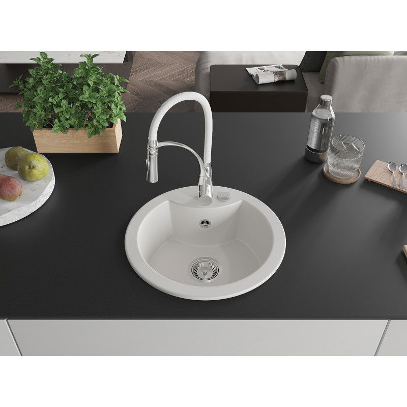 Mexen Diego granitinis virtuvės kriauklė su vienu dubeniu ir Aster maišytuvu, balta - 6512-20-73450-02