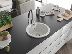 Mexen Diego granitinė vienos kameros plautuvė su virtuviniu maišytuvu Aster, balta - 6512-20-73450-07