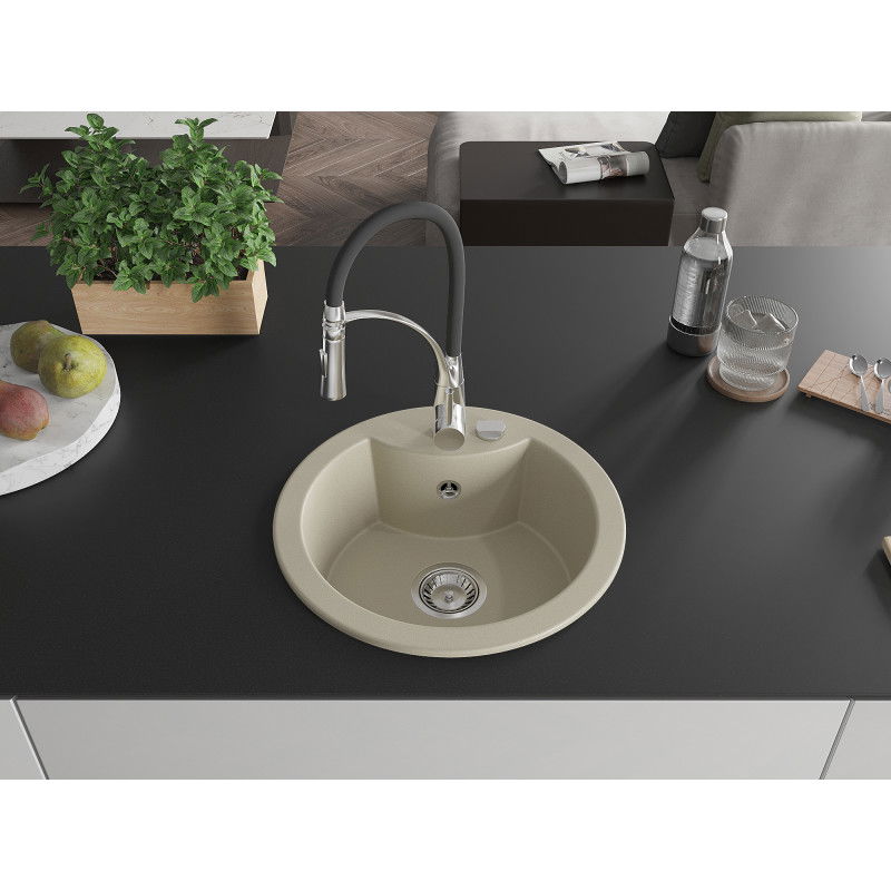 Mexen Diego granitinis virtuvinis plautuvė 1 kamerų su kriaukle Aster, smėlio spalvos - 6512-69-73450-07