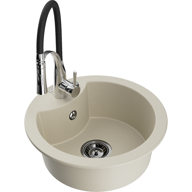 Mexen Diego granitinė vieno dubens virtuvės kriauklė su maišytuvu Aster, smėlio - 6512-69-73450-07-B