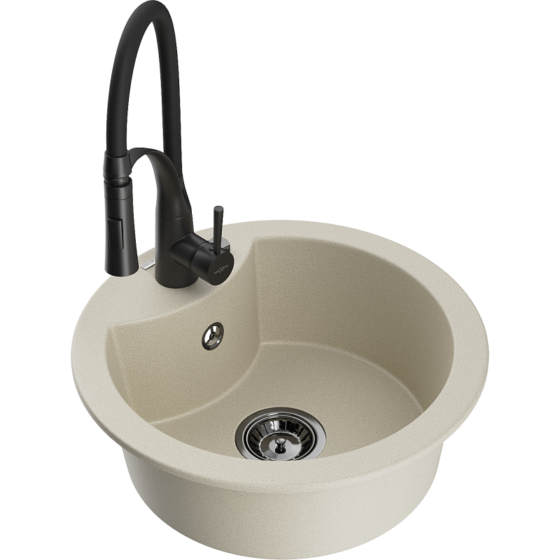 Mexen Diego granito plautuvė, 1 skyrelio, su virtuviniu maišytuvu Aster, smėlio spalvos - 6512-69-73450-70-B