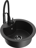 Mexen Diego granito plautuvė 1-dubenėlio su virtuviniu maišytuvu Aster, juoda/sidabrinis metalikas - 6512-73-73450-70-B