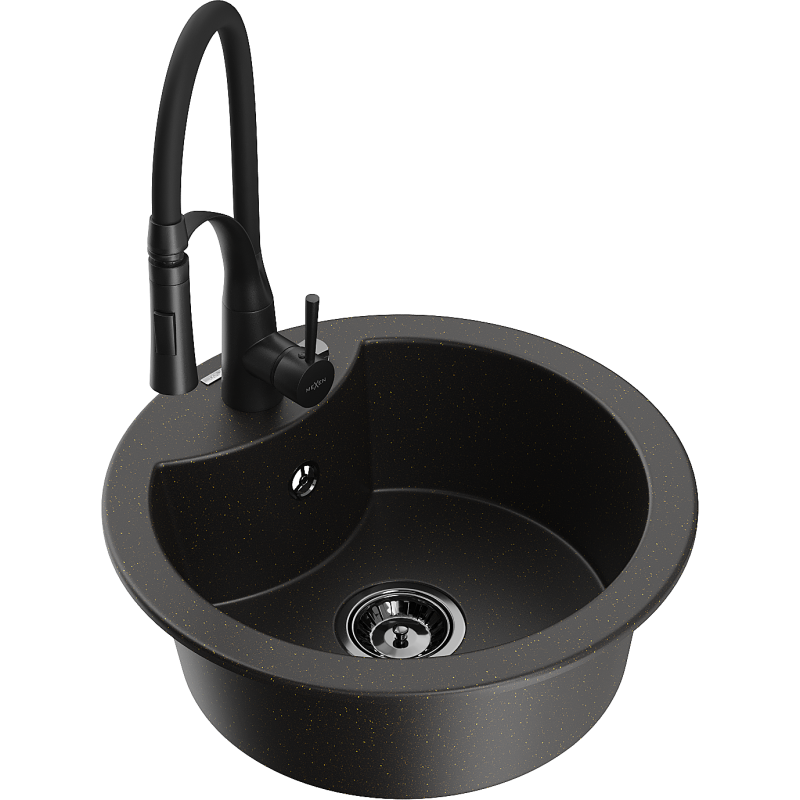 Mexen Diego granitinė vienos kameros plautuvė su virtuviniu maišytuvu Aster, juoda/auksinis metalikas - 6512-75-73450-70-B