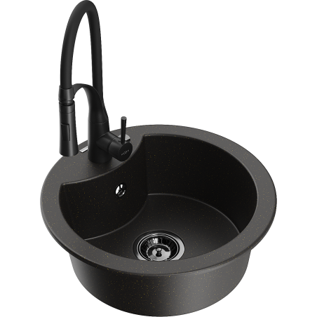 Mexen Diego granitinė vienos kameros plautuvė su virtuviniu maišytuvu Aster, juoda/auksinis metalikas - 6512-75-73450-70-B