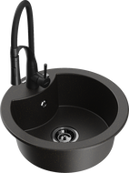 Mexen Diego granitinė vienos kameros plautuvė su virtuviniu maišytuvu Aster, juoda/auksinis metalikas - 6512-75-73450-70-B