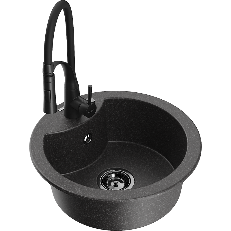 Mexen Diego granitinė vienos kameros plautuvė su virtuviniu maišytuvu Aster, juoda su dėmėmis - 6512-76-73450-70-B
