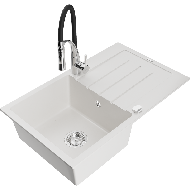 Mexen Bruno granitinis vienos kameros kriauklė su nusausintuvu ir virtuviniu maišytuvu Aster, balta - 6513-20-73450-07