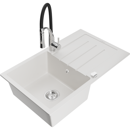 Mexen Bruno granitinis vienos kameros kriauklė su nusausintuvu ir virtuviniu maišytuvu Aster, balta - 6513-20-73450-07