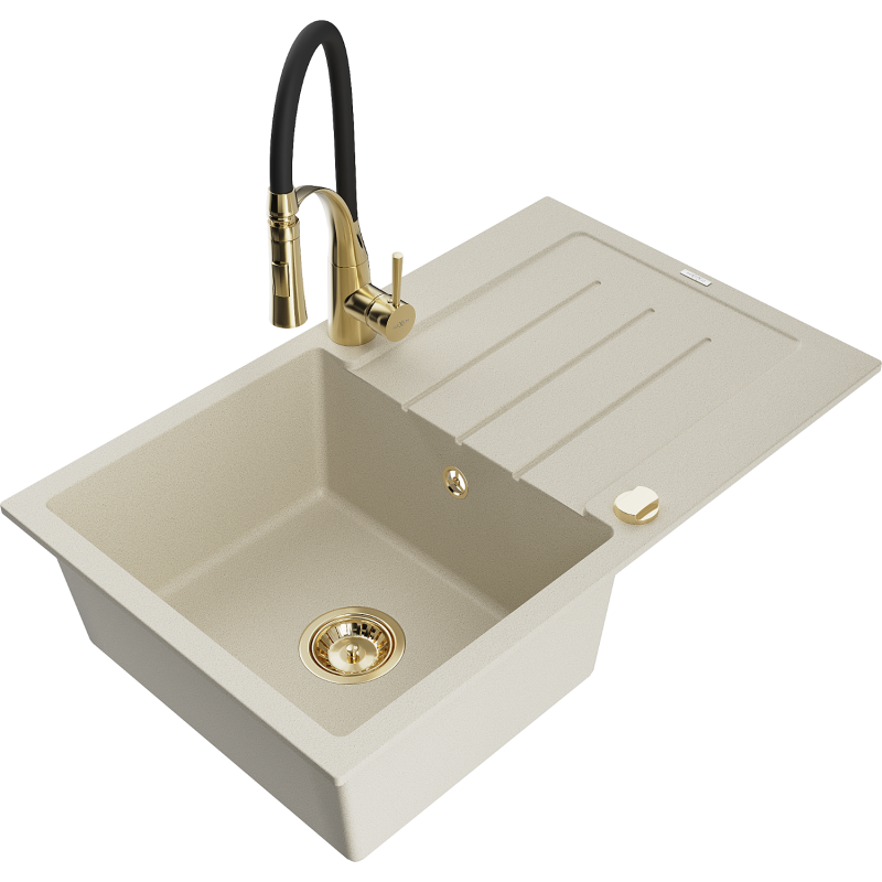 Mexen Bruno vienos komeros granito kriauklė su nusausintuvu ir virtuviniu maišytuvu Aster, smėlio spalvos