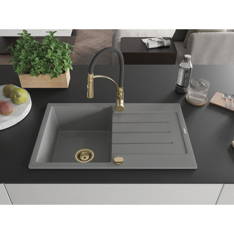 Mexen Bruno vienos kameros granitinė kriauklė su nuvarvēju ir virtuvės baterija Aster, pilka - 6513-71-73450-57-G