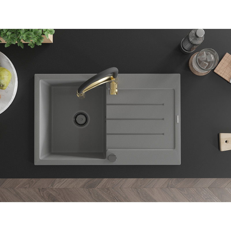 Mexen Bruno 1-kišeninis granitinis kriauklė su drenažu ir virtuviniu maišytuvu Aster, pilkas - 6513-71-73450-57-B