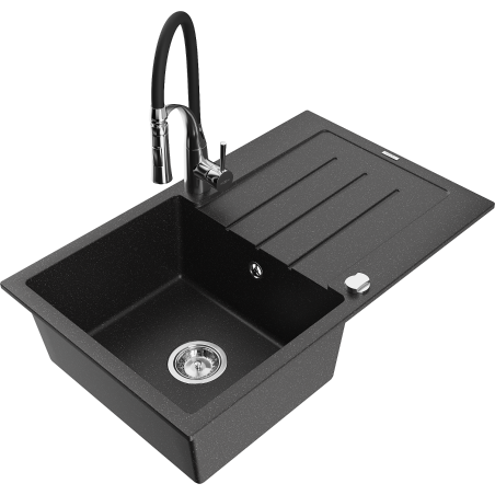 Mexen Bruno granitinė vienos kameros plautuvė su išdžiovintuvu ir virtuviniu maišytuvu Aster, juoda/sidabro metalo