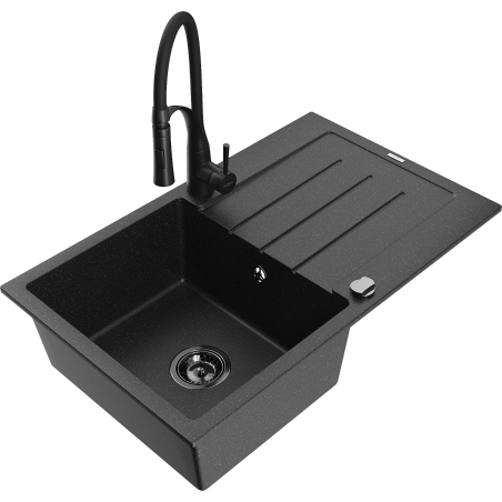 Mexen Bruno 1 skyriuas granitinė kriauklė su nutekamu ir virtuviniu maišytuvu Aster, juoda/sidabrinis metalikas