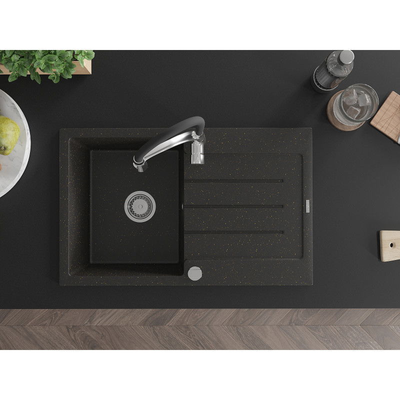 Mexen Bruno granitinė vienos kameros plautuvė su nutekėjimo zona ir virtuviu maišytuvu Aster, juoda/auksinės metalo spalvos