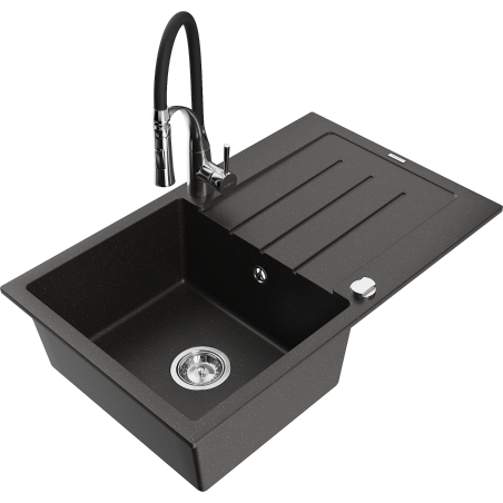 Mexen Bruno granitinė vienos kameros plautuvė su nutekėjimo zona ir virtuviu maišytuvu Aster, juoda/auksinės metalo spalvos