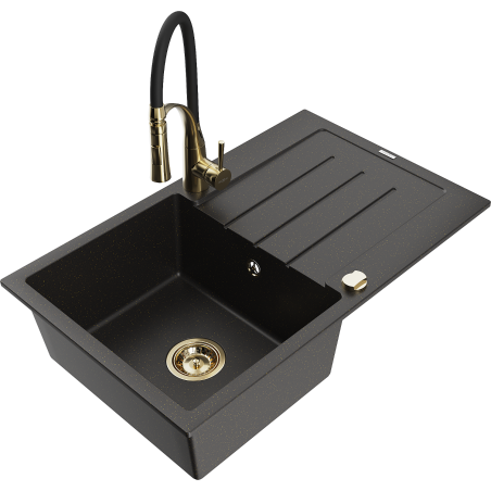 Mexen Bruno granitinė plautuvė su viena kamera, nusausintuvu ir virtuviniu maišytuvu Aster, juoda/aukso metaliko spalva