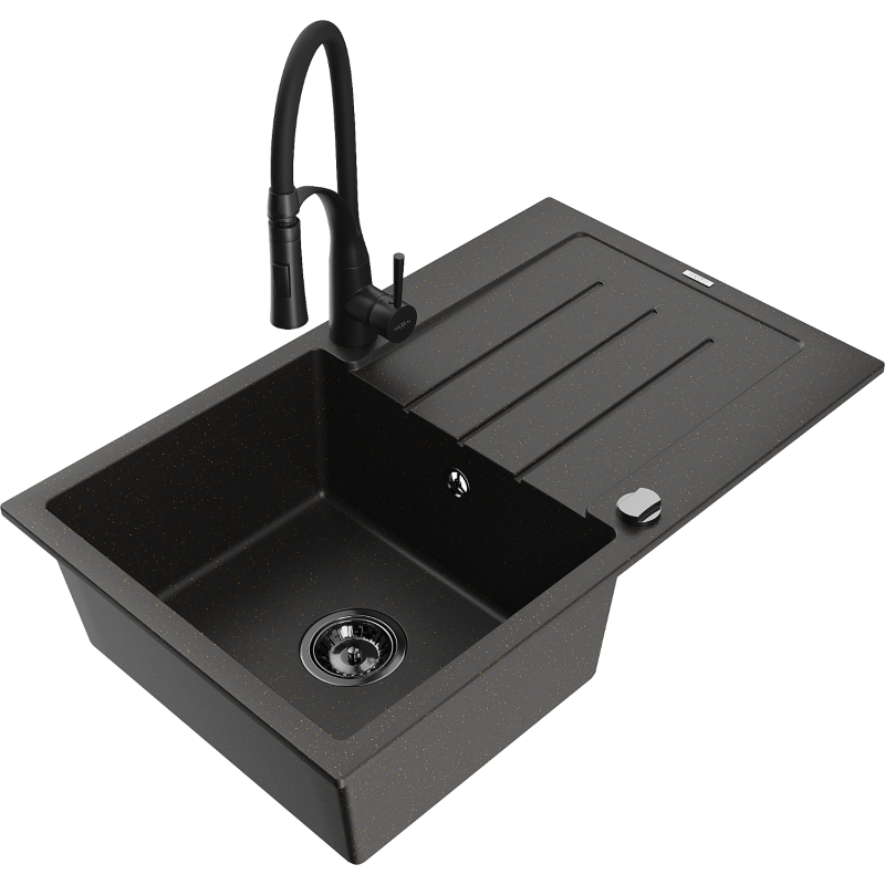 Mexen Bruno granitinė virtuvinė kriauklė su vienu skyriumi, nutekamu dendeniu ir „Aster“ virtuviniu maišytuvu,