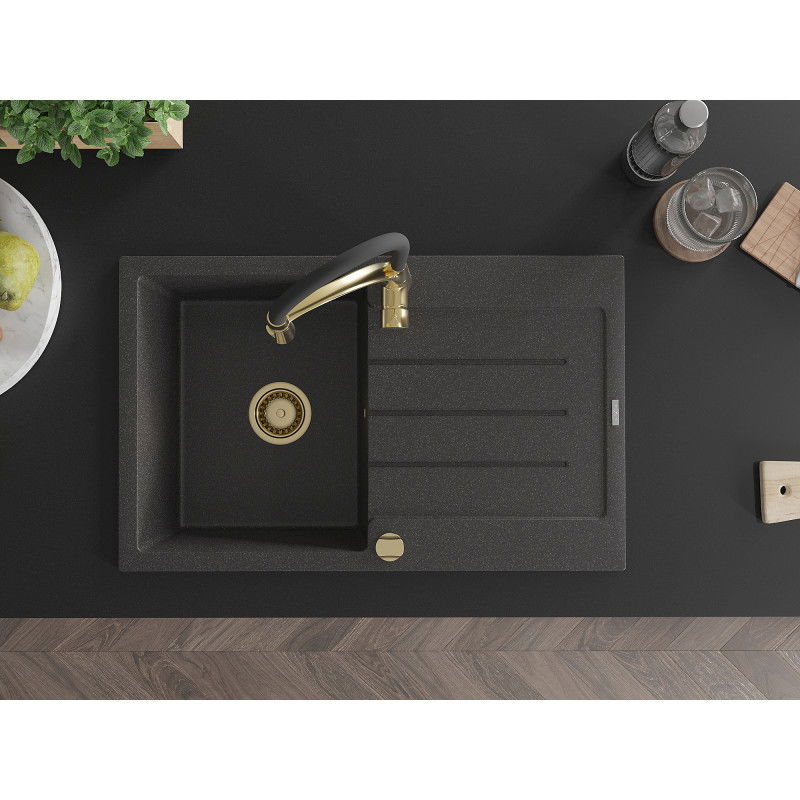 Mexen Bruno vienos plautuvės su nuvedimu ir virtuviniu maišytuvu Aster, juodas taškuotas - 6513-76-73450-57-G