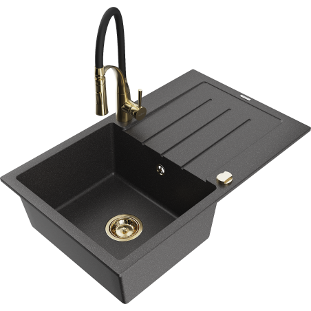 Mexen Bruno vienos plautuvės su nuvedimu ir virtuviniu maišytuvu Aster, juodas taškuotas - 6513-76-73450-57-G