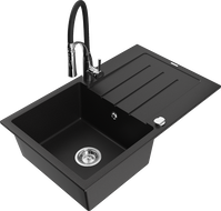 Mexen Bruno granitinė vienos kameros kriauklė su nusausinimo lentyna ir virtuvine maišytuve Aster, juoda - 6513-77-73450-07