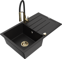 Mexen Bruno granitinė 1-kamerinė plautuvė su nusausintuvu ir virtuviniu maišytuvu Aster, juoda - 6513-77-73450-57-G