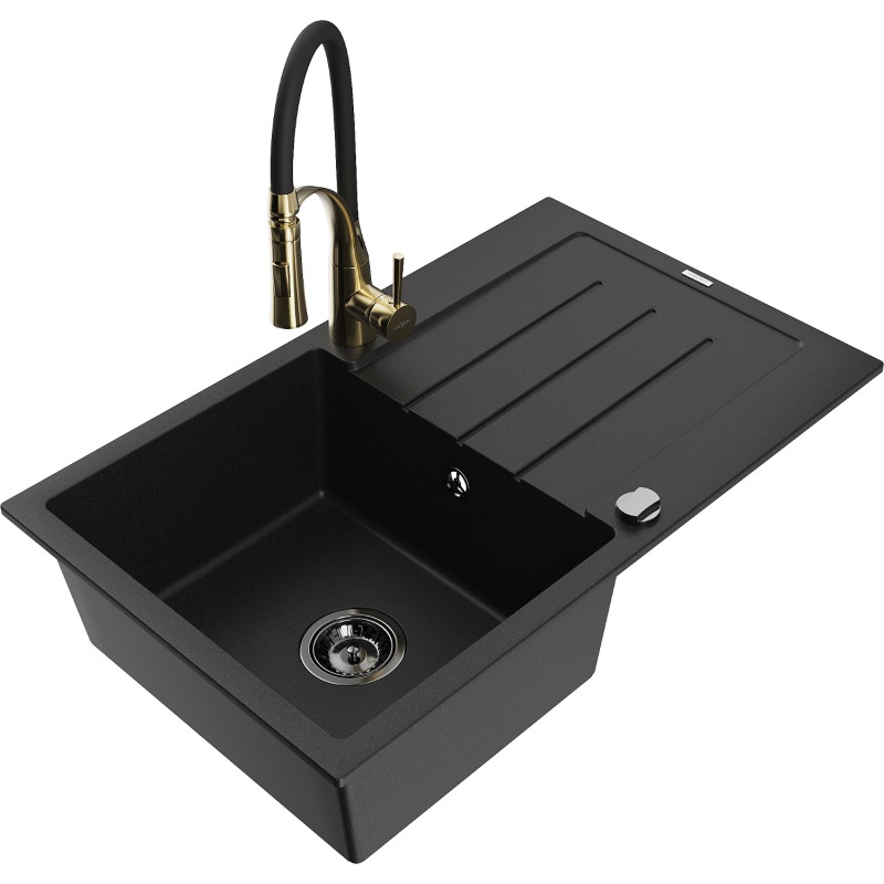 Mexen Bruno granitinė vienos plautuvės kriauklė su nutekamu dangčiu ir virtuviniu maišytuvu Aster, juoda