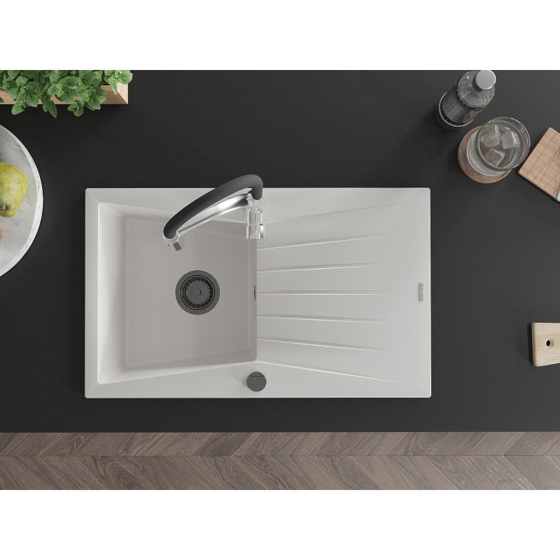 Mexen Cesar granito plautuvė su 1 skyriumi ir nutekėjimu bei virtuviniu maišytuvu Aster, baltas - 6514-20-73450-07-B