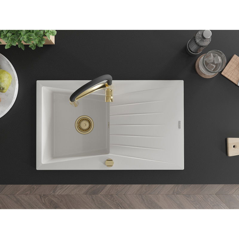 Mexen Cesar granito plautuvė 1-sekcijų su drenažu ir virtuviniu maišytuvu Aster, balta - 6514-20-73450-57-G