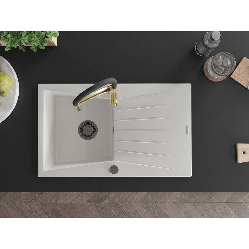 Mexen Cesar granito kriauklė su viena kamera, nusausintuvu ir virtuviniu maišytuvu Aster, balta - 6514-20-73450-57-B