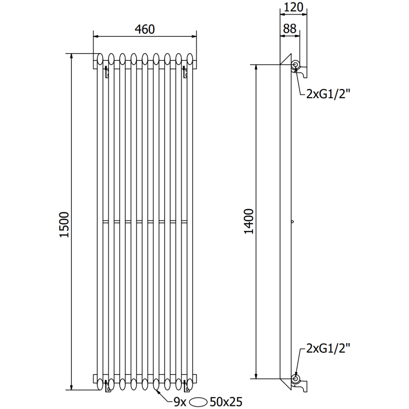 Mexen Atlanta dekoratyvinis radiatorius 1500 x 460 mm, 894 W, juodas - W211-1500-460-00-70