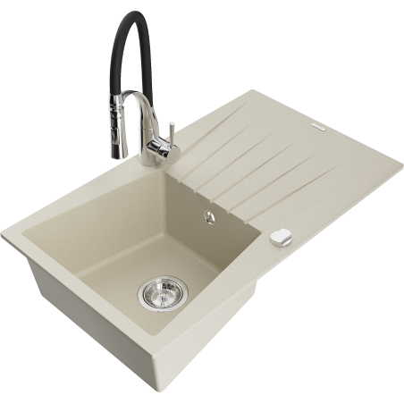 Mexen Cesar granitinis 1 kameros plautuvas su nuvarvėjimo ir virtuviniu maišytuvu Aster, smėlinis - 6514-69-73450-07
