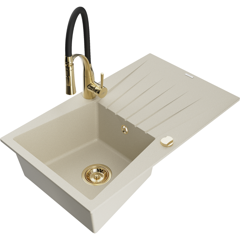 Mexen Cesar granitinė vieno dubens plautuvė su nusausinamu paviršiumi ir virtuviniu maišytuvu Aster, smėlio spalvos