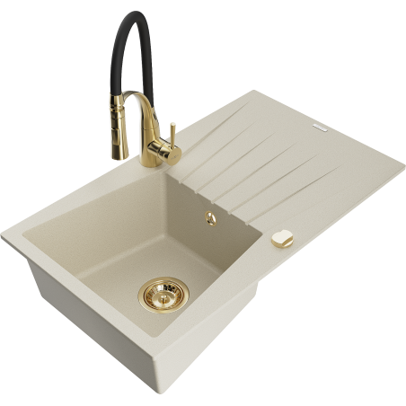 Mexen Cesar granitinė vieno dubens plautuvė su nusausinamu paviršiumi ir virtuviniu maišytuvu Aster, smėlio spalvos