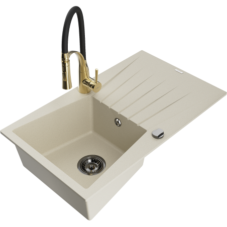 Mexen Cesar granitinė vienos kameros kriauklė su nutekėjimu ir virtuviniu maišytuvu Aster, smėlio spalvos