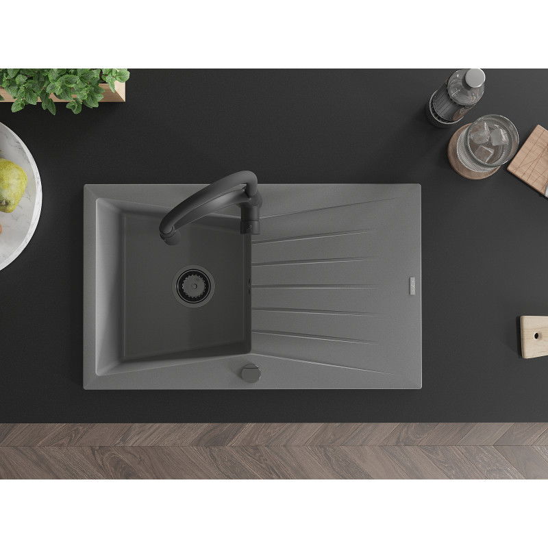 Mexen Cesar vienos durų granito kriauklė su nutekamuoju ir virtuviniu maišytuvu Aster, pilkas - 6514-71-73450-70-B