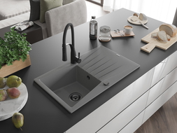 Mexen Cesar vienos durų granito kriauklė su nutekamuoju ir virtuviniu maišytuvu Aster, pilkas - 6514-71-73450-70-B