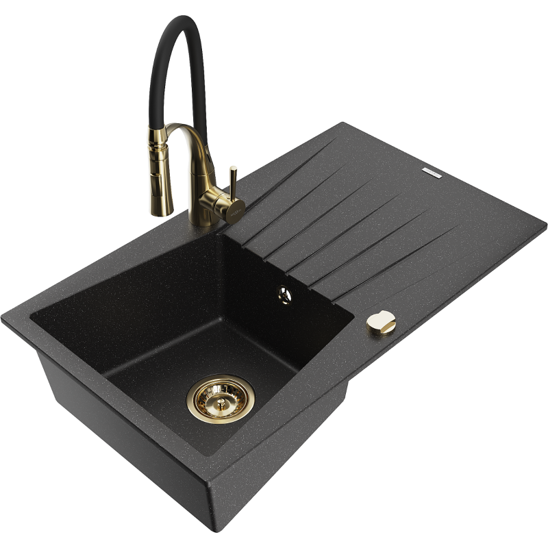 Mexen Cesar granitinė 1-skyrinė plautuvė su nutekamu ir maišytuvu Aster, juoda/sidabrinė metalo spalva - 6514-73-73450-57-G