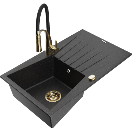 Mexen Cesar granitinė 1-skyrinė plautuvė su nutekamu ir maišytuvu Aster, juoda/sidabrinė metalo spalva - 6514-73-73450-57-G