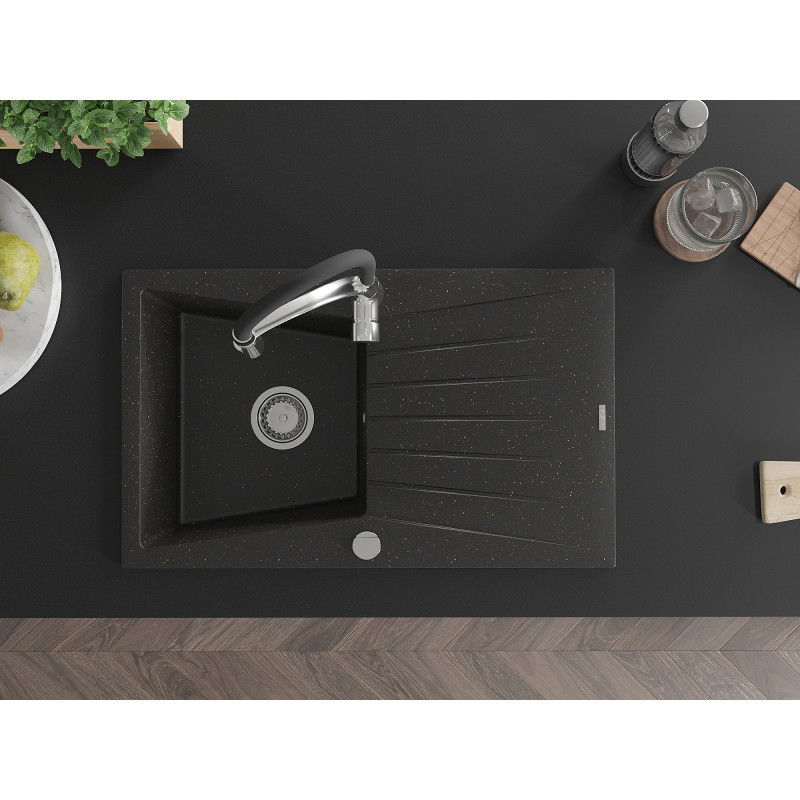 Mexen Cesar granito 1 dubens plautuvė su nutekėjimu ir virtuvės maišytuvu Aster, juoda/auksinio metalo - 6514-75-73450-07