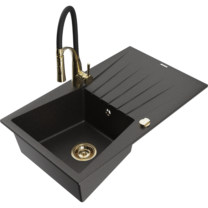 Mexen Cesar grindinis granito vienos kameros plautuvas su nusausinimo ir virtuvės maišytuvu Aster, juodas/auksinio metalo