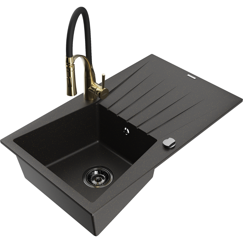 Mexen Cesar granitinė plautuvė 1 skyrius su nusausinimo stalu ir virtuviniu maišytuvu Aster, juodas/auksinis metalikas