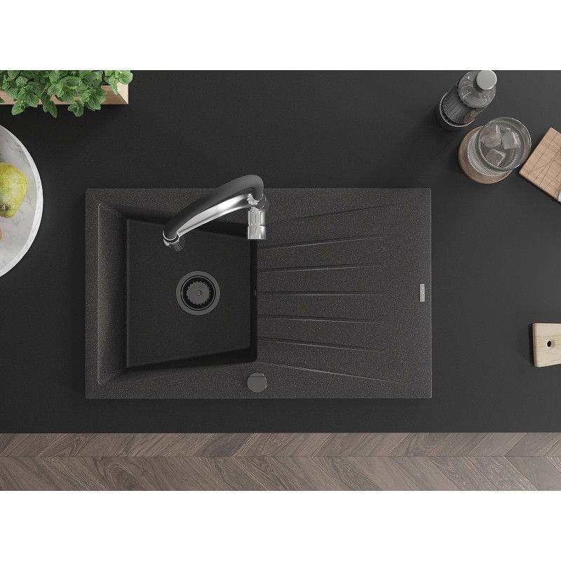 Mexen Cesar granitinė vienos kameros plautuvė su lašėjimo padėklu ir virtuviniu maišytuvu Aster, juoda su dėmėmis