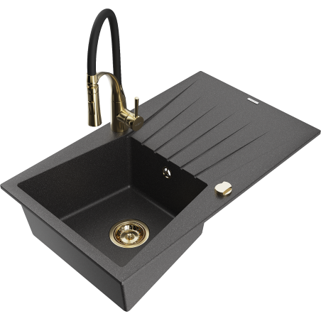 Mexen Cesar 1-komorė rūdos plautuvė su nusausinimo zonu ir virtuvės maišytuvu Aster, juoda dėmėta - 6514-76-73450-57-G